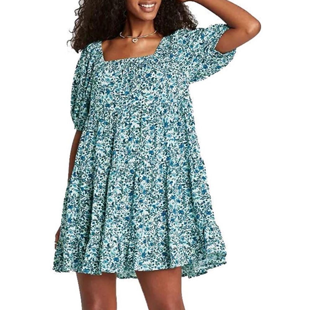 Wild Fable Teal and Blue Floral Puff Sleeve Dress